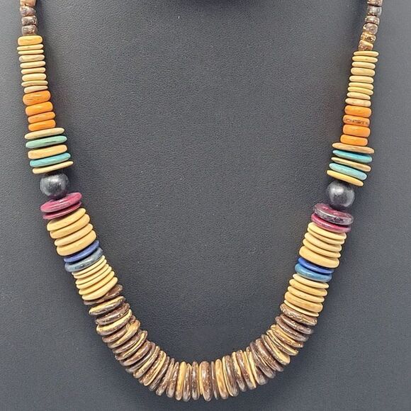 Multicolor Wooden Bead Matinee Necklace 22" Primitive Tribal Beachy Boho - Picture 5 of 9